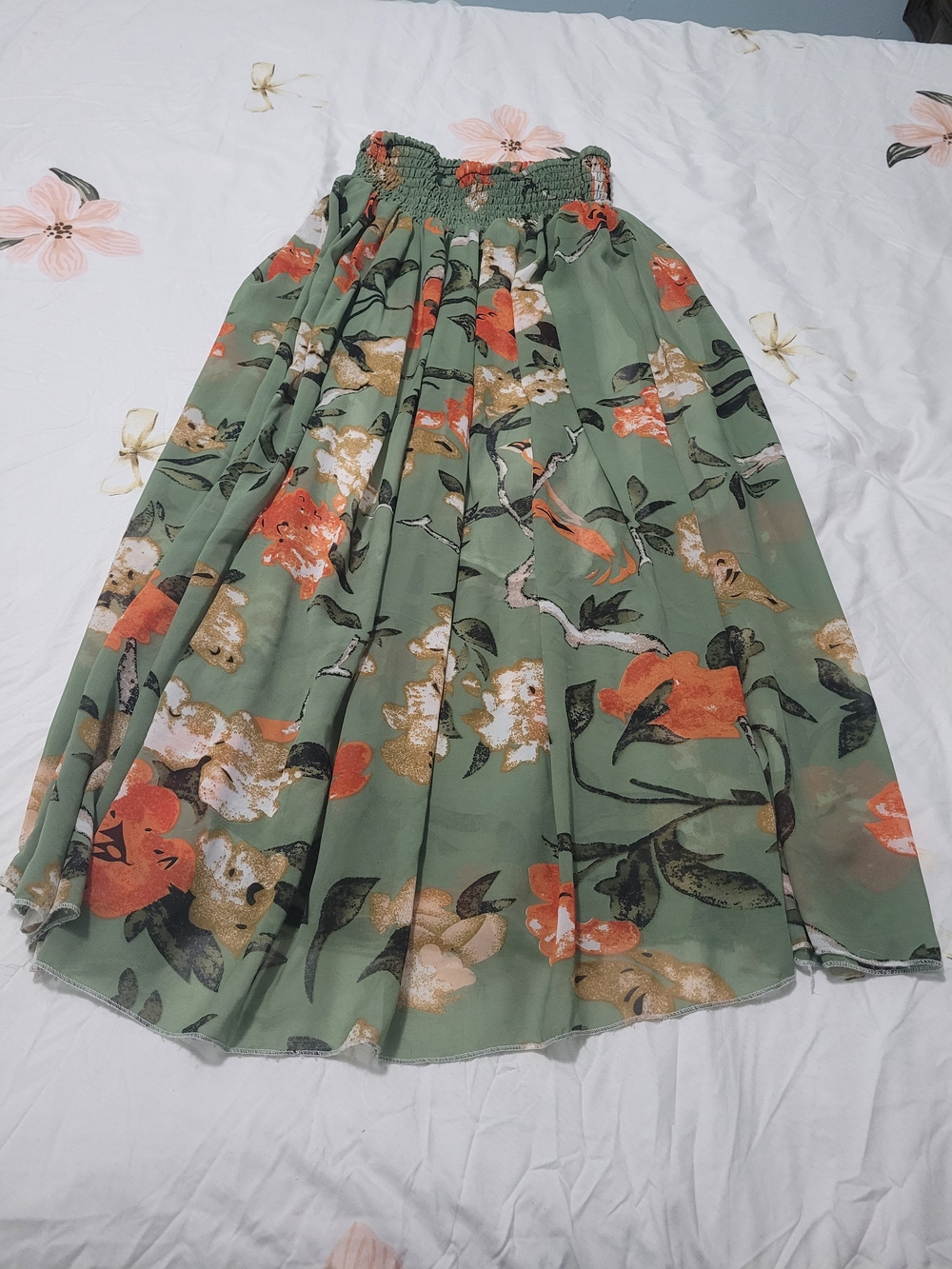 Free People Olive Green Floral Maxi Skirt with Smocked Waist